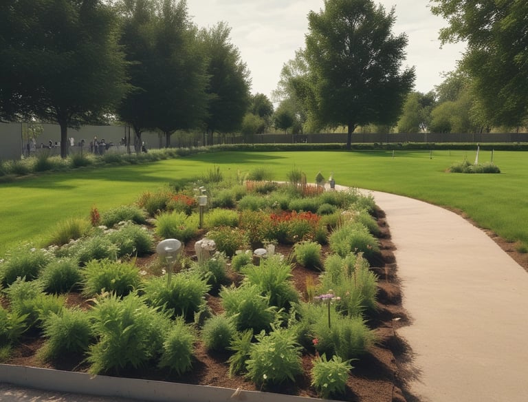 A peaceful cemetery with a paved walkway lined by lush greenery and various tombstones and statues. Tall trees provide ample shade, and the area is well-maintained with blooming flowers and manicured hedges.