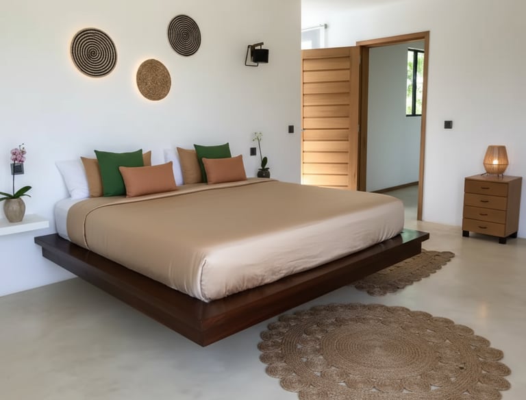 a bed with a large bed and a rug