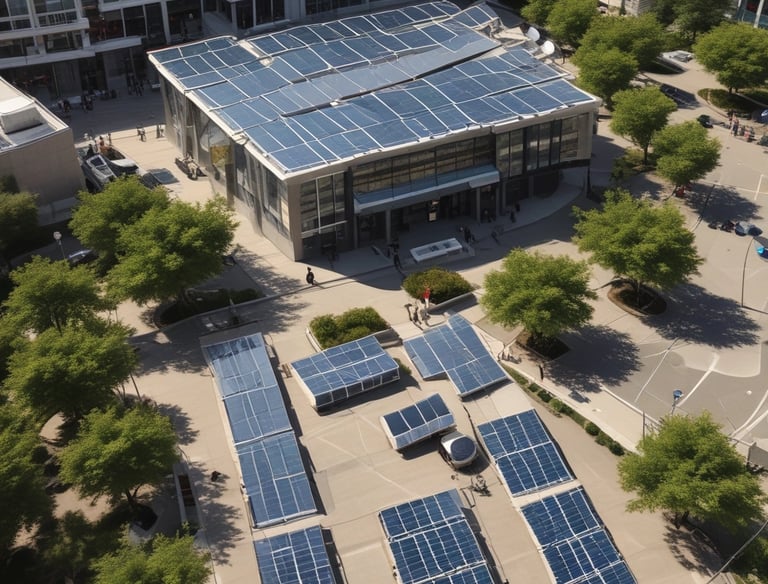 An eco-friendly apartment complex with green roofs.