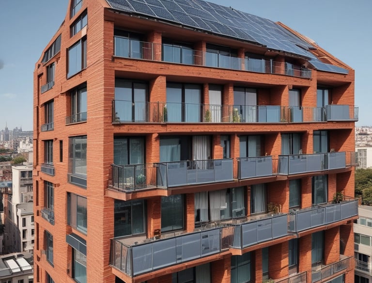 A futuristic house with wind turbines and smart technology.