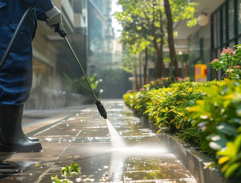 A man in uniform power washes a luxury business area around lush green plants and trees