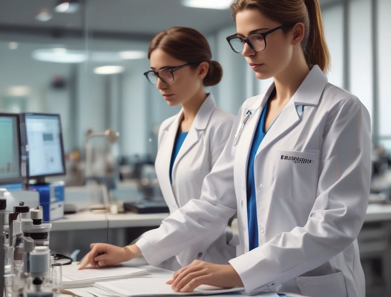 A medical setting with two people, likely healthcare professionals, focusing on a patient who is surrounded by numerous medical devices and monitors. The environment is busy with various tubes and equipment connected to the patient.