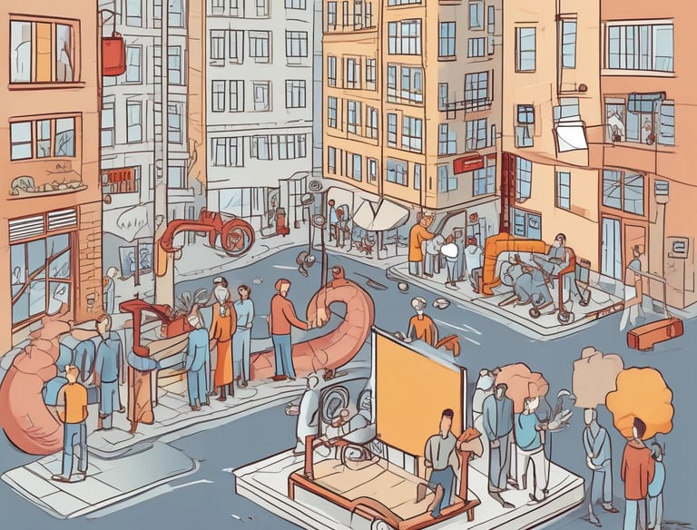 a man riding a skateboard down a street next to tall buildings