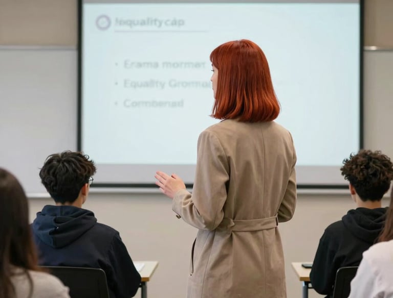 A facilitator leading a small workshop with attentive participants in a cozy room.