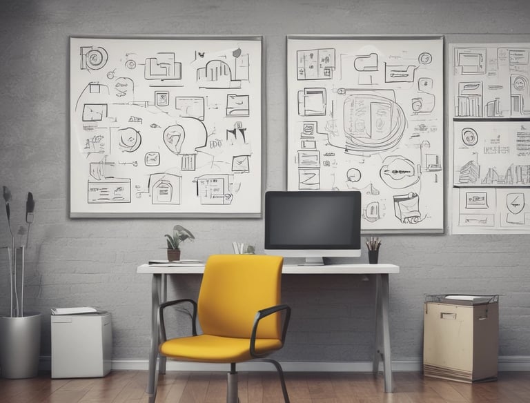 A group of six professionally dressed individuals are posed together in an office setting. Three women and three men are standing and sitting, smiling towards the camera. The background features a flat-screen monitor and a table with a lamp and decorative items.