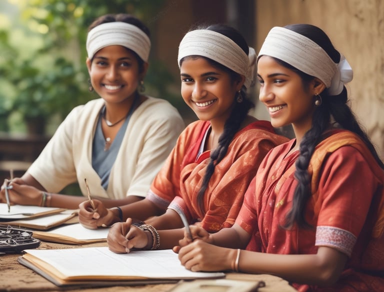 A classroom with five nurses in uniforms seated at desks, facing a blackboard where another nurse is writing. Anatomical charts and a skeleton model are visible, indicating a lesson on human anatomy.