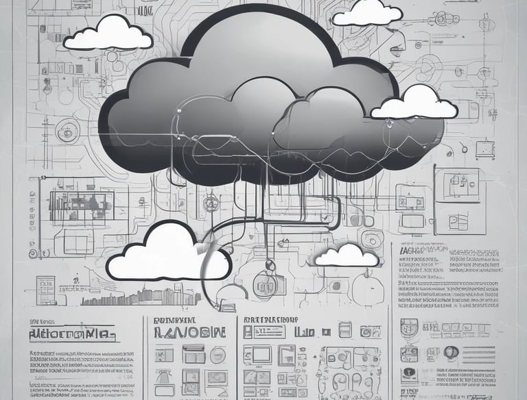 A cloud-shaped object with server racks is connected via cables to a computer monitor. The setup is surrounded by several black squares on a blue background, evoking concepts of cloud computing and data networks.