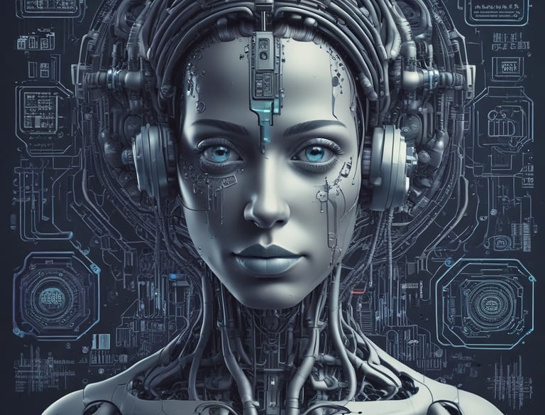 Four small, white robot figures are sitting in a row, each with a laptop in front of them. They have round bodies and blue accents, with 'AI' displayed on their chests. The background is minimal and light gray, emphasizing the robots and their computers.
