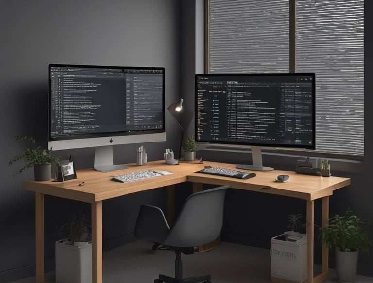 A computer screen displaying web design content and code side by side. The left side features text describing a product designer's work and experience, while the right side shows colorful, highlighted code lines on a dark background.