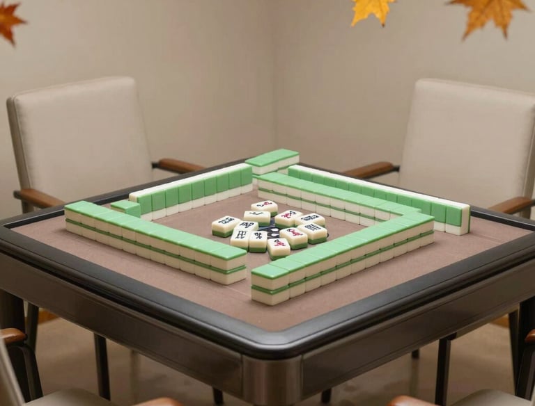 A colorful Mahjong set with tiles and champagne glasses on a floral tablecloth.