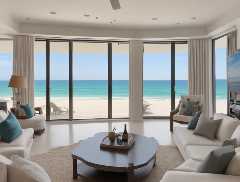 A luxurious beachfront property with a large, elegant building set behind a pristine sandy beach. Palm trees and small thatched structures provide shade along the shoreline. The sea in the foreground is calm and blue, contrasting with the light-colored architecture of the estate.