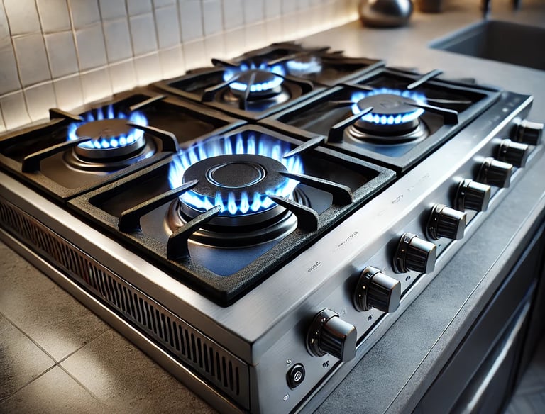 a gas stove top with a blue flames on it