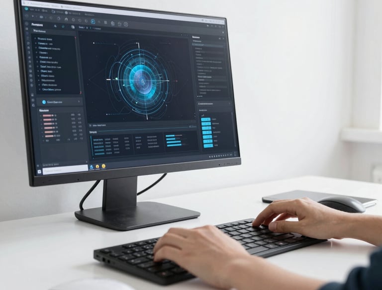 The image depicts an interior of a photo processing or printing shop. Prominent signs and advertisements adorn the counter, including a large 'NEW OFFERS' poster and branding for Kodak Express. Various smaller items and details surround the counter area, including business cards, product brochures, and sample photos. The setting has a warm, sunlight filter casting shadows across the space, highlighting the text and images.