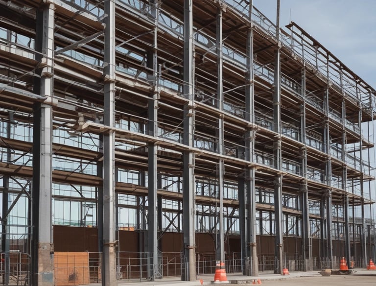 A building under renovation with extensive scaffolding surrounding its façade. The structure features classical architectural elements like ornate balconies and mansard roofs. Traffic barriers are placed at the base, indicating an active construction zone.
