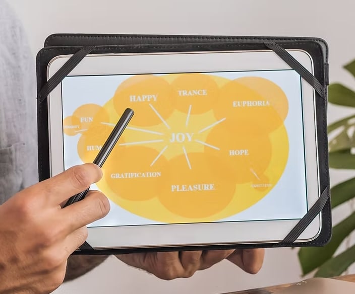 An image of a hand pointing to a diagram on an iPad. 