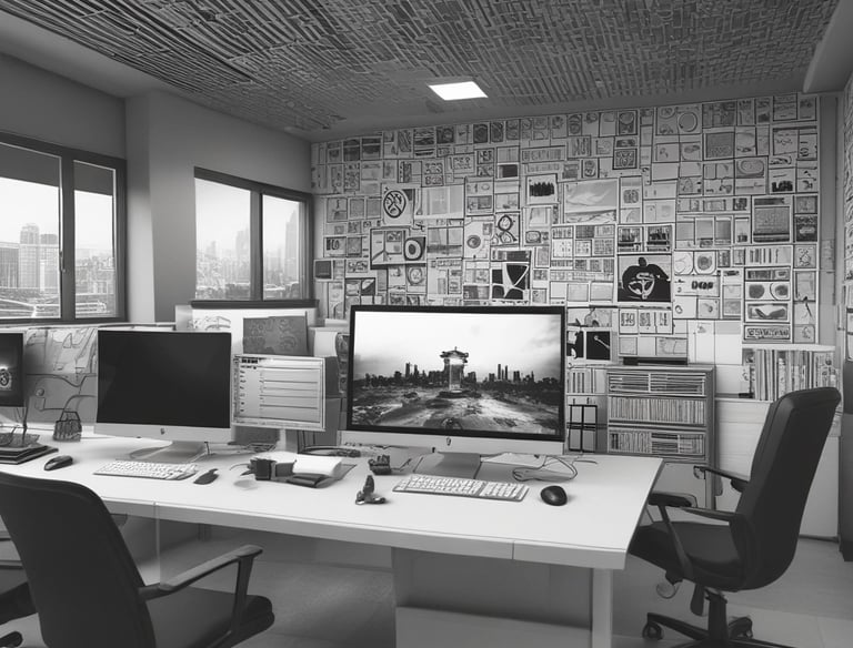A black and white image showing a laptop with 'HERO GRAPHX' sticker in a modern office setting. The focus is on the laptop, while the background is softly blurred, including a table, chairs, and patterned wall.