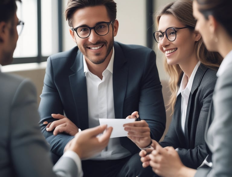Two individuals are seated at a wooden table in a classroom or office setting. One person, wearing a gray t-shirt, is writing in a notebook, while the other, dressed in a suit, observes and offers guidance. The room appears to have minimal lighting, with a soft natural light coming through the windows.