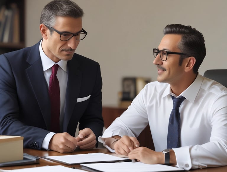 Four men in business attire are engaged in a discussion around a table. One man appears to be explaining something while pointing at some documents in front of them. The others are listening attentively, and one holds a pen and a mobile device. The setting is a plain office environment.