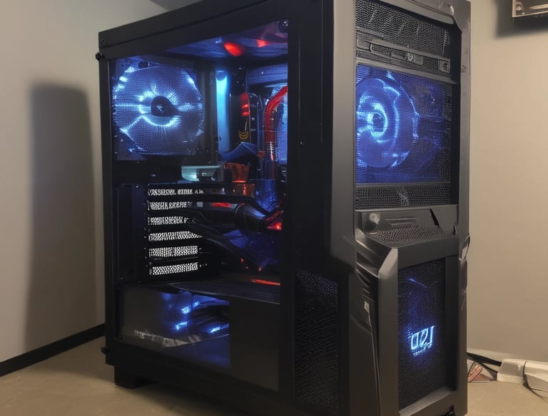 A computer desk setup is illuminated in red light. Two monitors display an electronic circuitry pattern. The desk holds a keyboard, mouse, and a game controller stand. An adjustable desk lamp is positioned to the side, and a gaming PC with visible internal lighting sits to the right.
