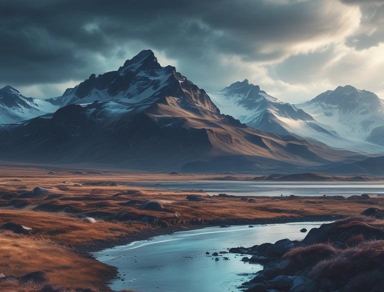 A solitary house with a green roof is positioned in a vast grassy landscape. A flagpole stands prominently, flying the national flag of Iceland. Snow patches cover parts of the surrounding dark rocky hills under a cloudy sky.