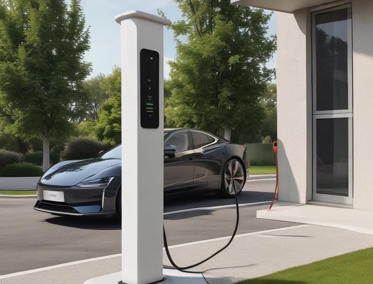Electric car charging station installed outdoors near a modern house.