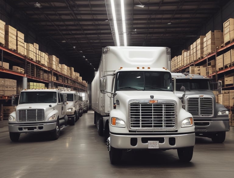 Several large trucks are parked in an industrial area next to a building with brick walls and blue doors. The trucks are mainly white with some having colorful liveries. There are signs for 'Truck Wash' and 'Exit' visible. The area is well-organized with containers and other storage facilities nearby, and a few people are present.