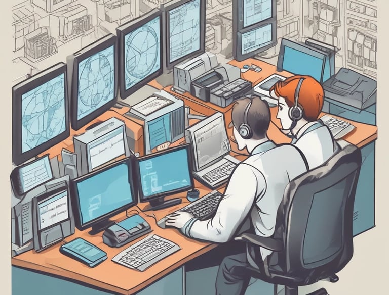 A moving truck with company branding is parked next to an open shipping container on a trailer. Two people are handling items near the container, while a car is parked in the background. The sky is overcast, and the ground appears to be asphalt.