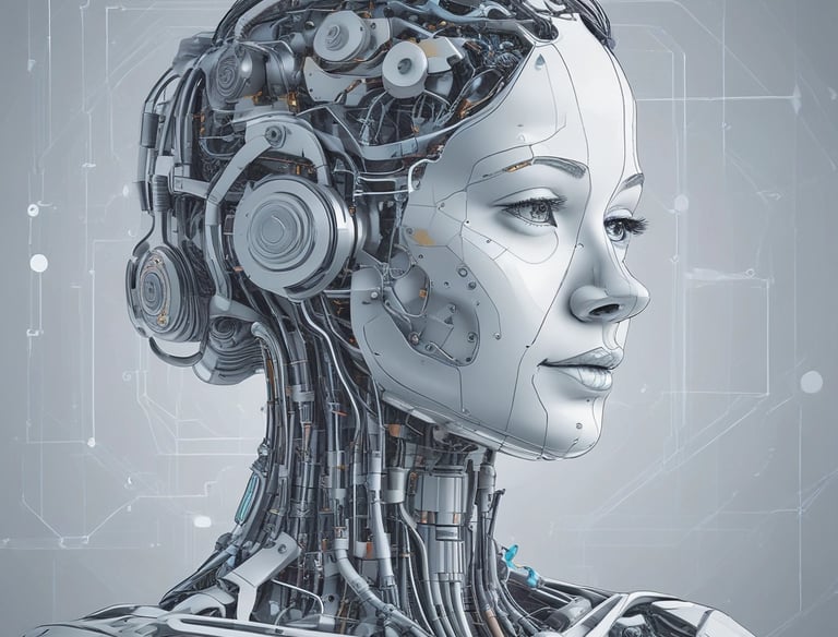Four small, white robot figures are sitting in a row, each with a laptop in front of them. They have round bodies and blue accents, with 'AI' displayed on their chests. The background is minimal and light gray, emphasizing the robots and their computers.