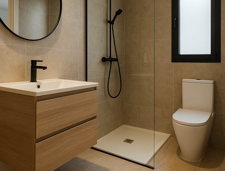 Baño reformado con mueble flotante y espejo LED