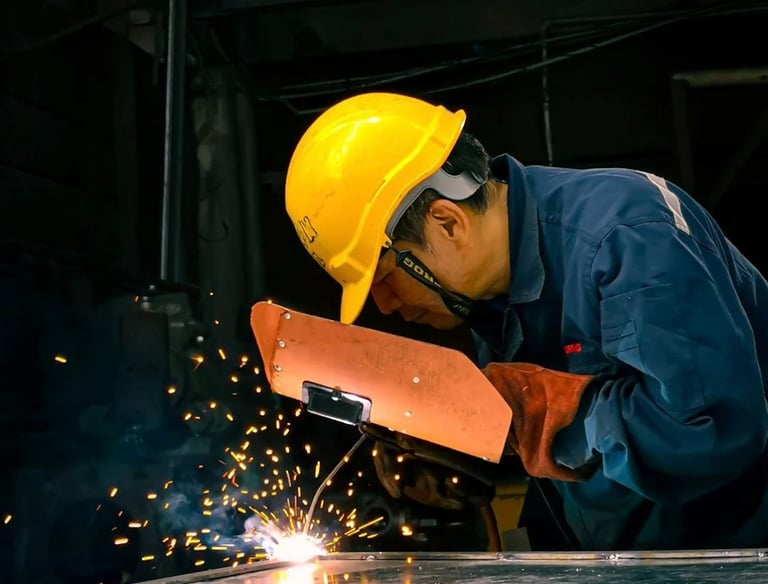 a man in a yellow helmet welding a piece of metal
