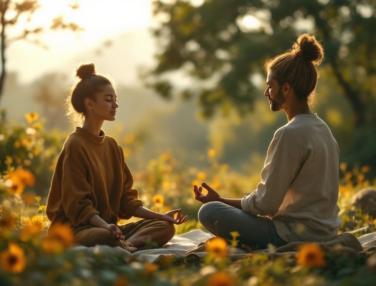 Student and mentor meditating in the woods