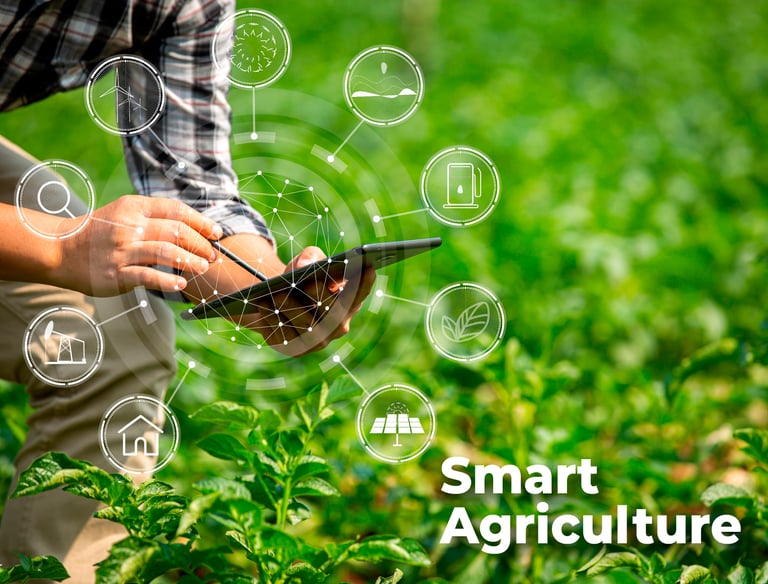 a man in a plaid shirt is holding a smart phone next to a farm