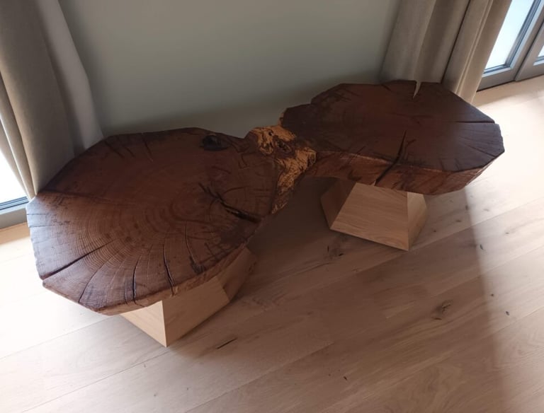 Designer-Couchtisch in Eiche mit ganzer Baumscheibe