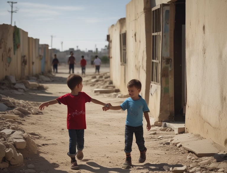 A young boy stands with raised arms in front of a row of tents in a refugee camp. The tents have UNHCR logos, indicating the involvement of the United Nations High Commissioner for Refugees. In the background, a truck and a few vehicles are visible alongside a hillside. A national flag is flying on a pole, and the ground is dry and dusty.