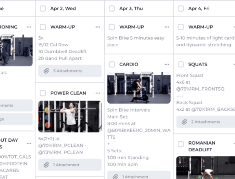 a calendar showing a list of workout exercise and daily activity