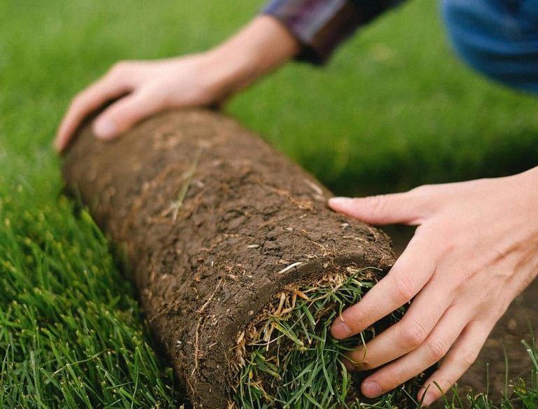 rozwijanie trawy w rolce przy zakładaniu trawnika