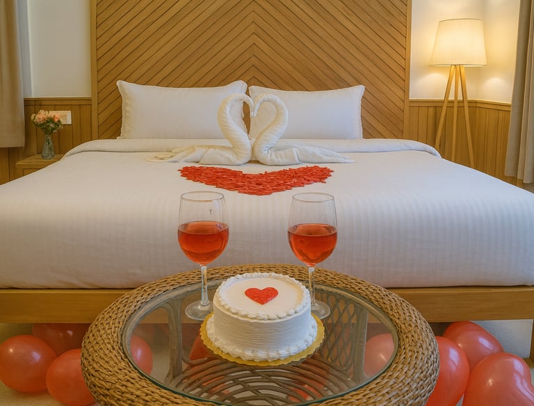 Honeymoon couple retreat room at Olive Grand View Manali with private balcony and cozy interiors