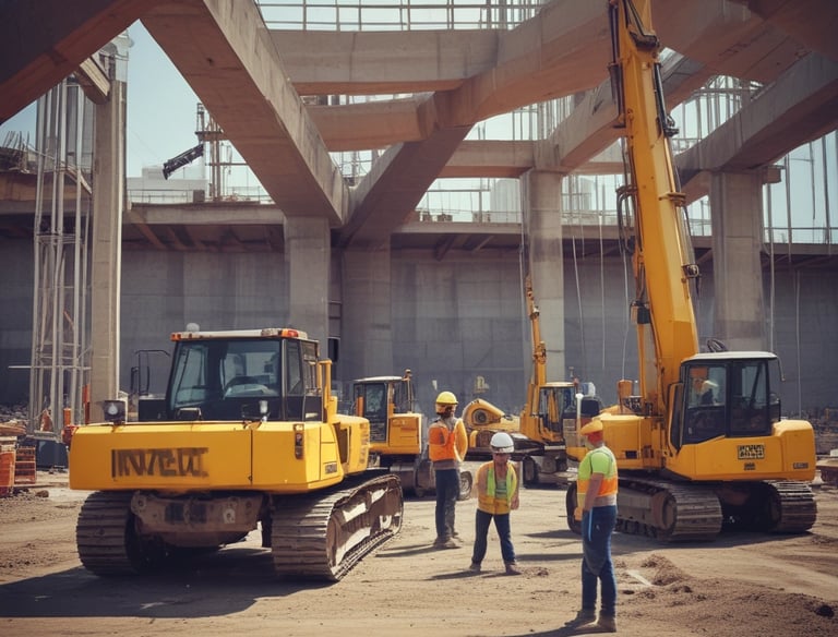 A construction site with scaffolding set up around a building partially made of bricks and concrete. Two workers are present; one is on the scaffolding, and the other is walking on the ground wearing protective gear. The area is surrounded by palm trees, and there is a small pavilion with a green roof in the background. Various construction materials and debris are scattered on the grass.