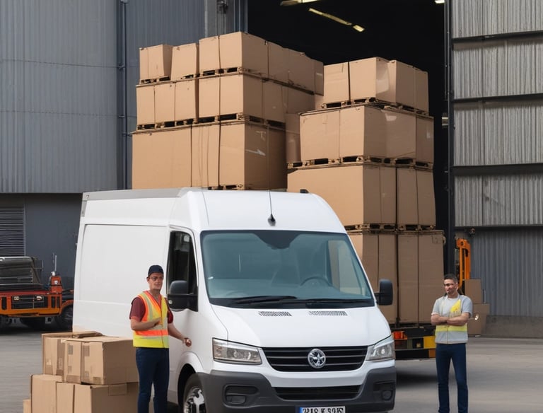 A construction site with scaffolding set up around a building partially made of bricks and concrete. Two workers are present; one is on the scaffolding, and the other is walking on the ground wearing protective gear. The area is surrounded by palm trees, and there is a small pavilion with a green roof in the background. Various construction materials and debris are scattered on the grass.