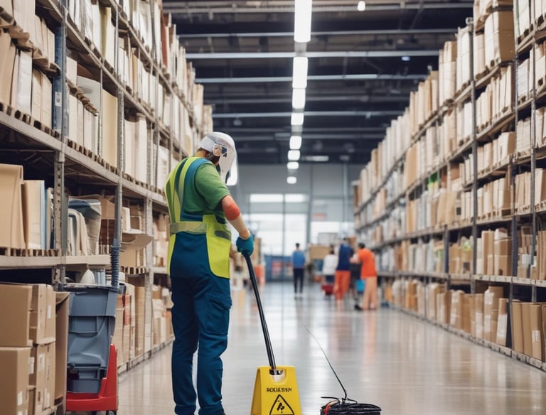 A construction site featuring extensive scaffolding with a bright green and orange barrier labeled 'Poort 4'. Two construction workers, one in overalls and the other wearing a helmet, sit on concrete blocks behind a fence. A blue truck is partially visible in the background.