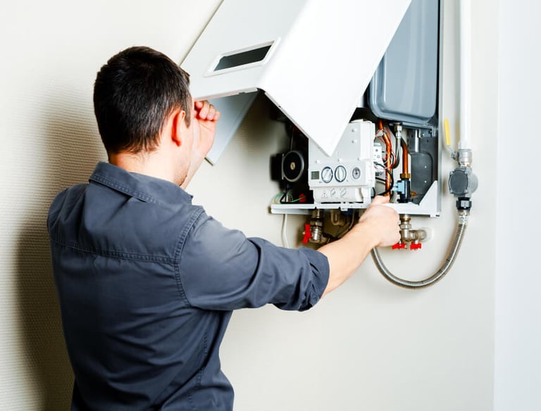 a man in a blue shirt is fixing a tankless water heater