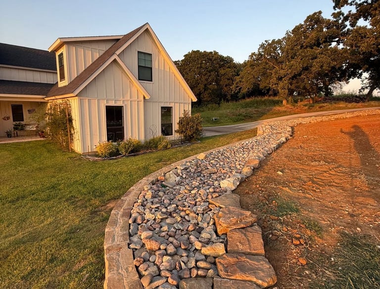 a stone wall with a stone path leading to a house