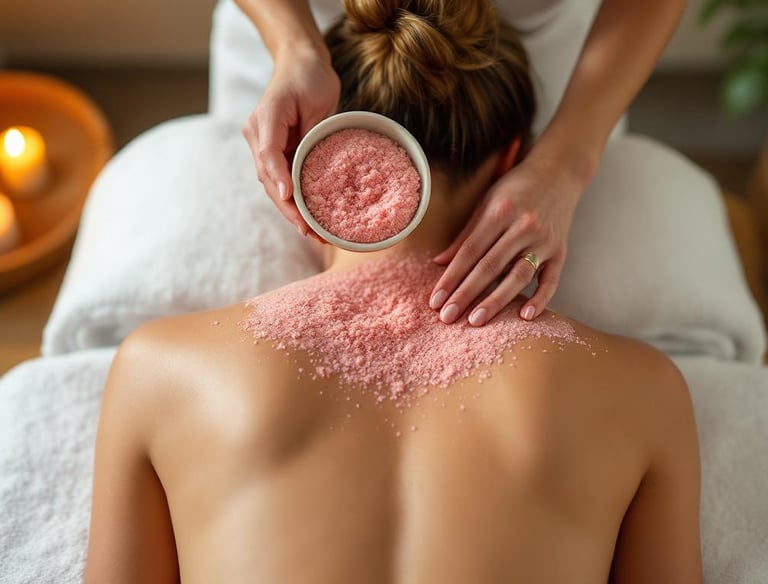 Mujer recibiendo exfoliación de espalda con sales rosas en un spa, rodeada de velas encendidas y ambiente relajante.