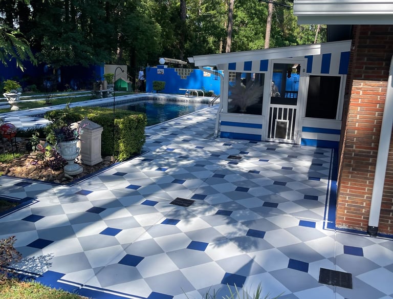 The patio and pool of a house that looks transformed with a unique and high-quality design