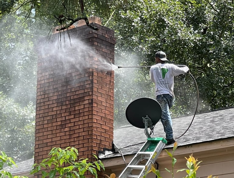 Man wearing a Garnet Painting Company T-shirt pressure washing the chimney of a house.