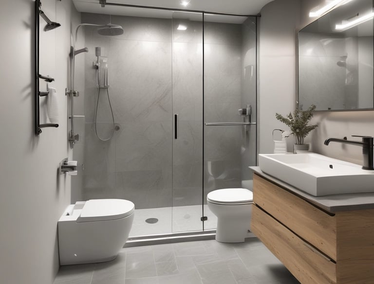 A bathroom with WC and shower built with high quality materials.