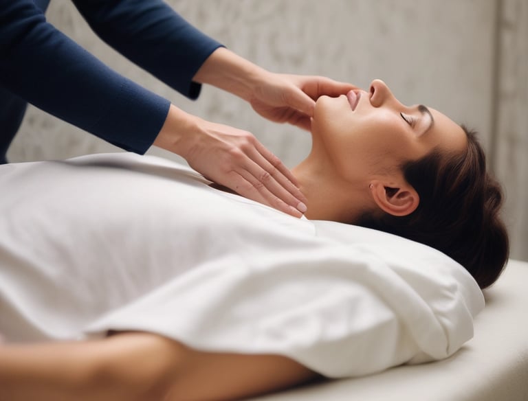 A group of people engaged in a spiritual or meditative practice, sitting in a row with hands raised in prayer or meditation gestures. The setting appears to be outdoors with a natural backdrop and metal fencing. The atmosphere is serene and focused.