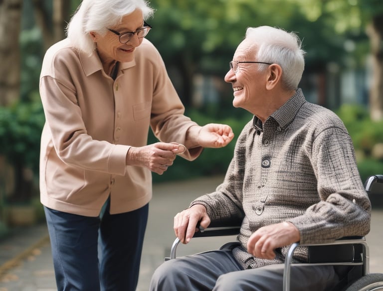 A brick building surrounded by lush greenery and vibrant flowers. The entrance is adorned with a sign reading 'Munro & Crawford, Barristers & Solicitors' and 'Notaries Public'. The address '5670 Yew Street' is displayed on a separate sign. There is a variety of foliage, including a large tree and shrubs with red and yellow flowers. A person is seated on a bench near the entrance, partially obscured by the plants.