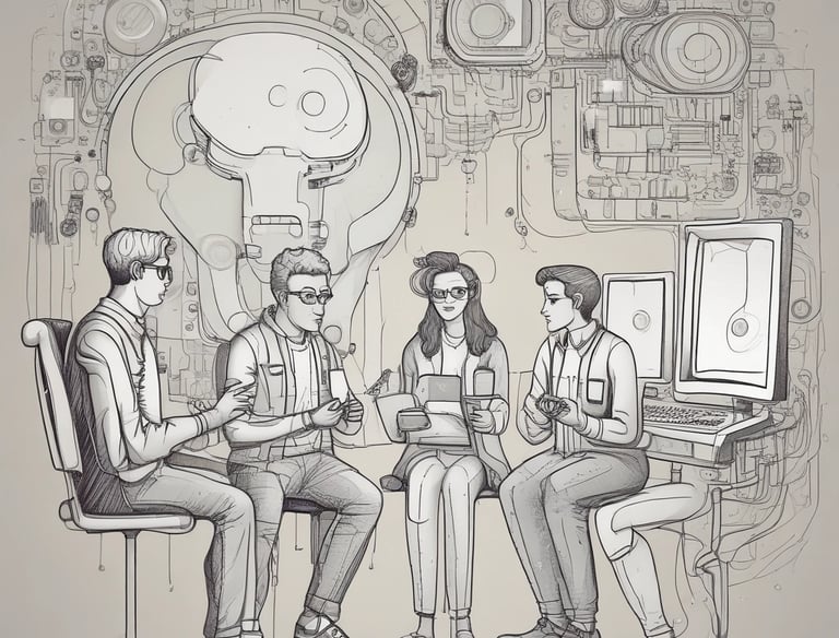 A sleek office space with modern technology and collaborative teams at work.