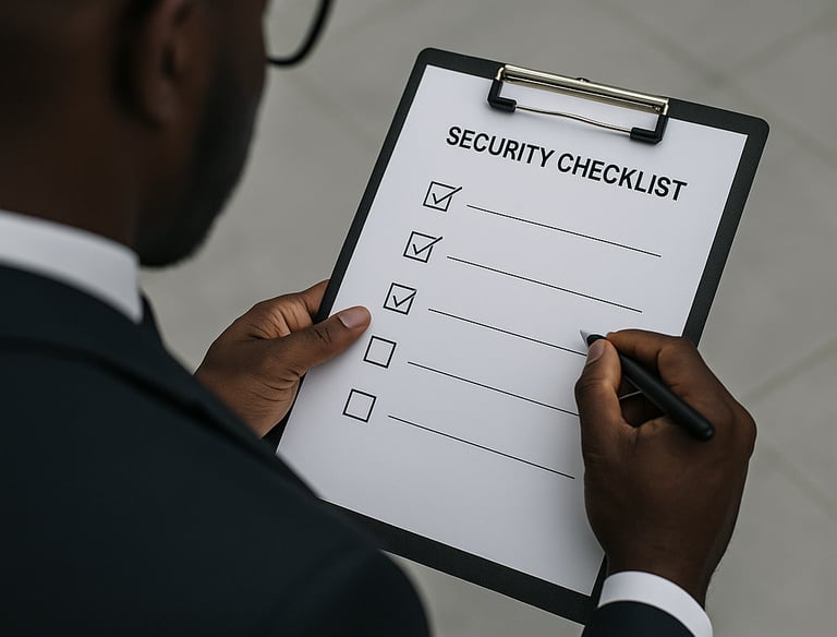 a man in a suit and tie is holding a clipboard with a checklist
